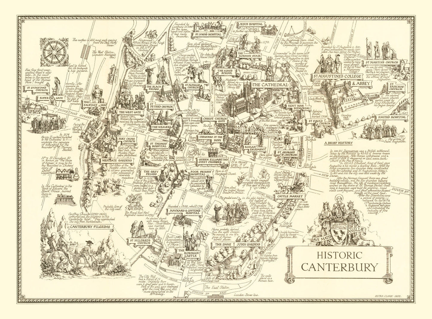 Vintage Map of Canterbury, England 1952