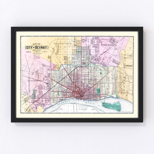 Vintage Map of Detroit, Michigan 1883