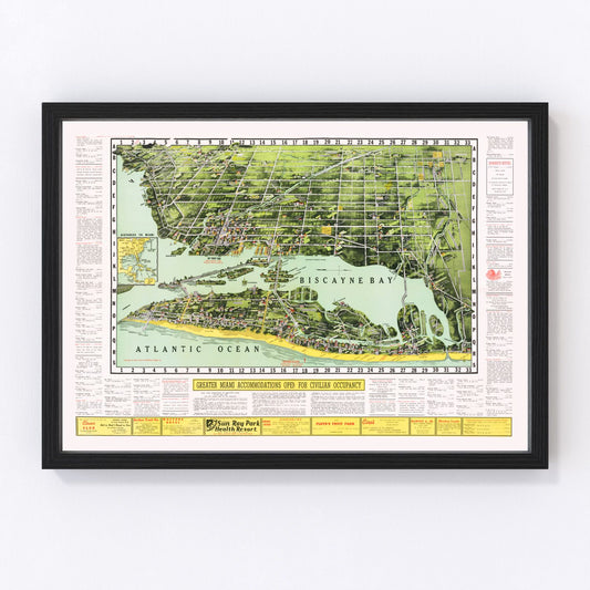 Vintage Map of Miami, Florida 1944