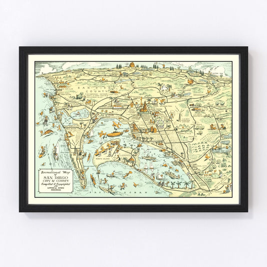 Vintage Map of San Diego County, California 1935