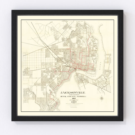 Vintage Map of Jacksonville, Florida 1913