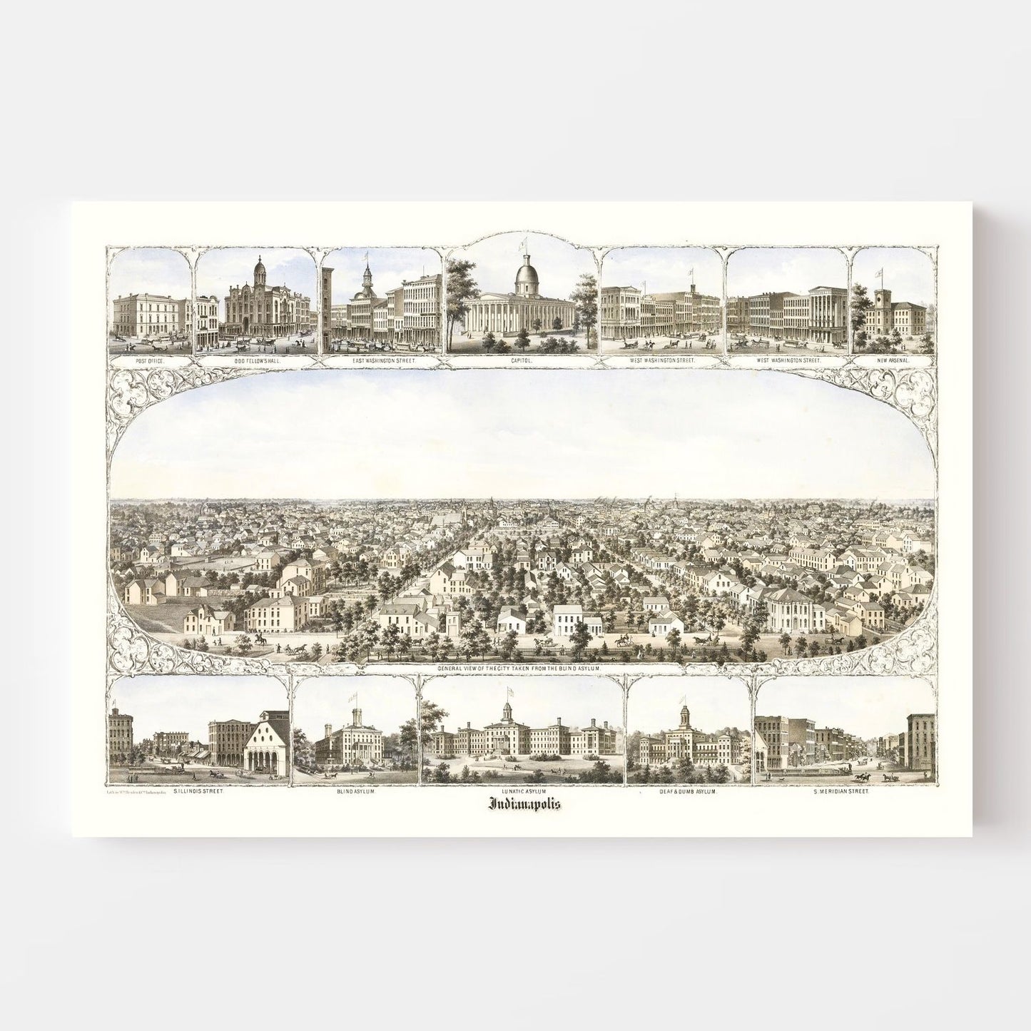 Vintage Map of Indianapolis, Indiana 1860