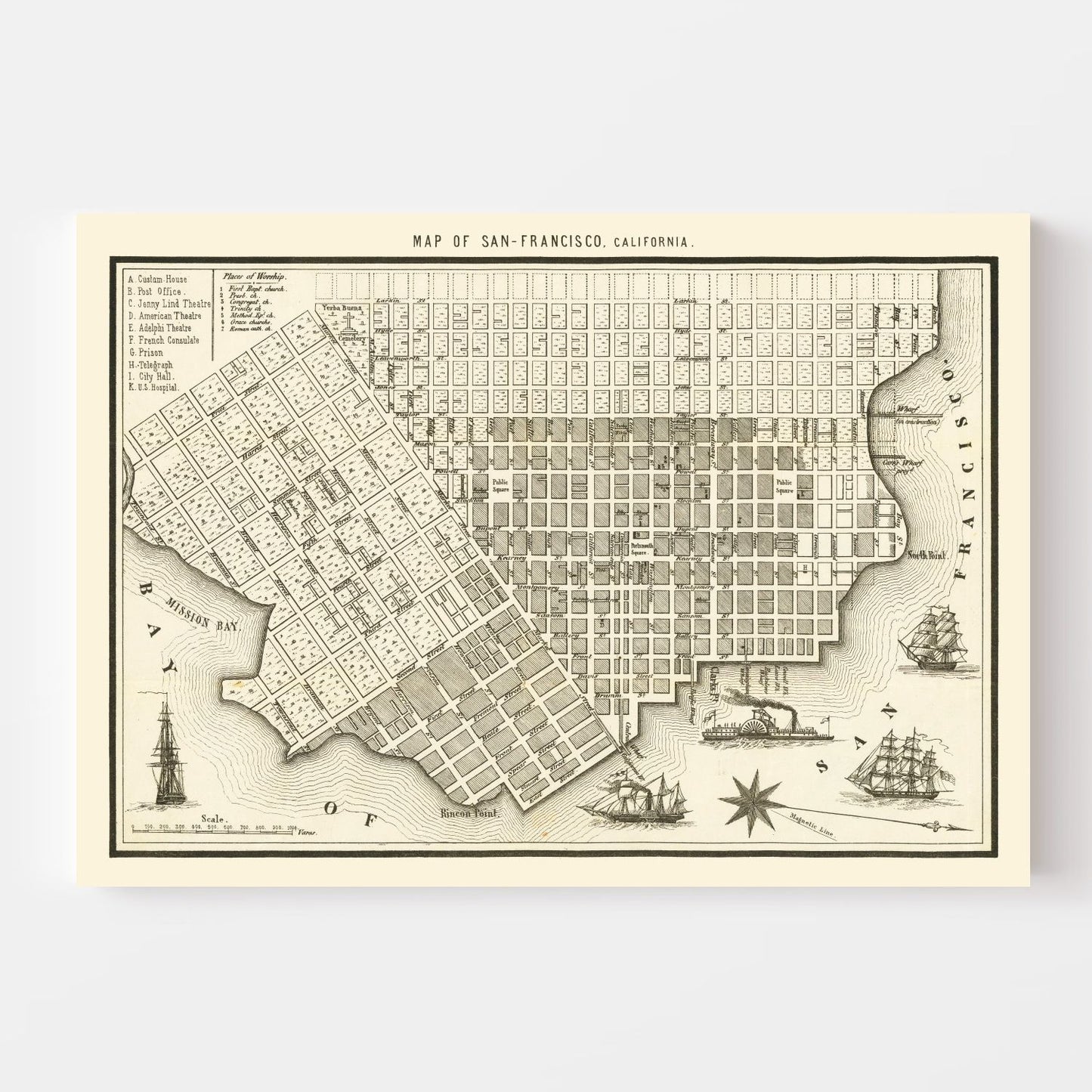 Vintage Map of San Francisco, California 1852