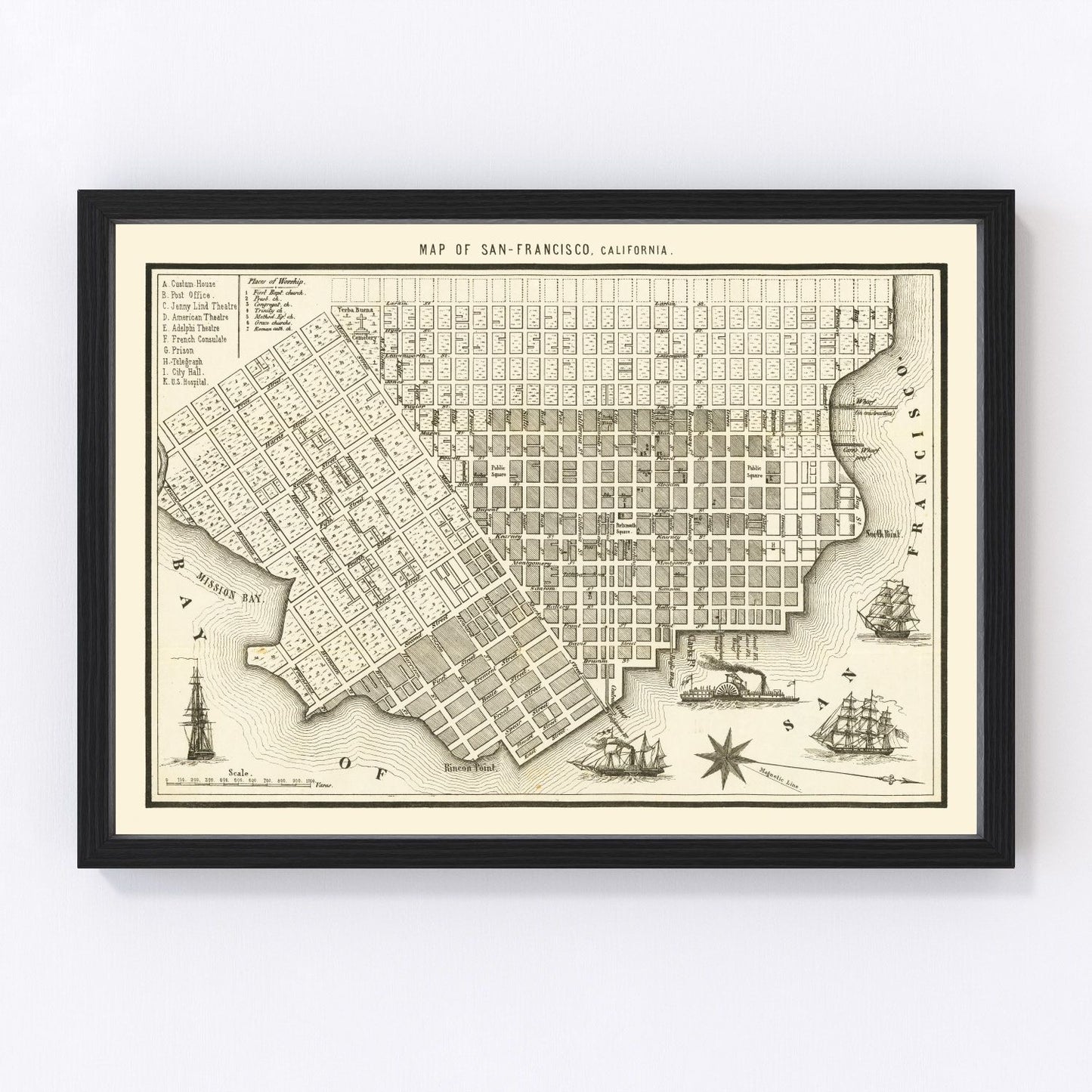 Vintage Map of San Francisco, California 1852