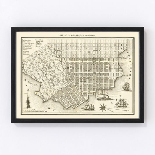 Vintage Map of San Francisco, California 1852