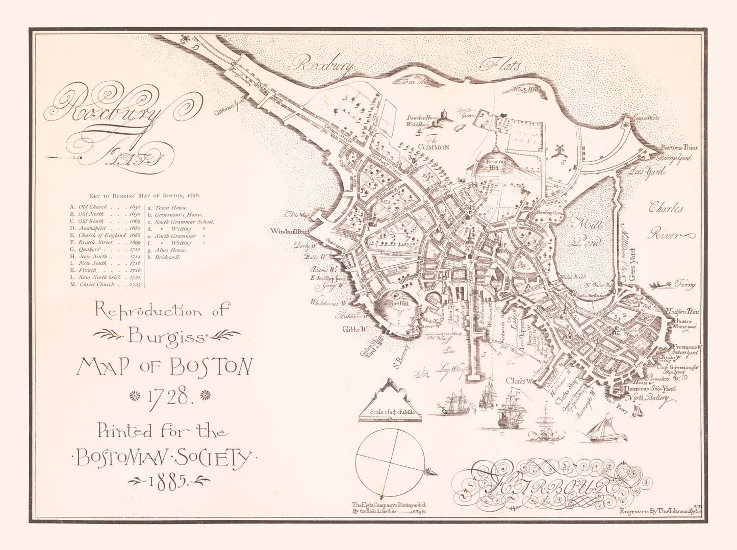 Vintage Map of Boston, Massachusetts 1728