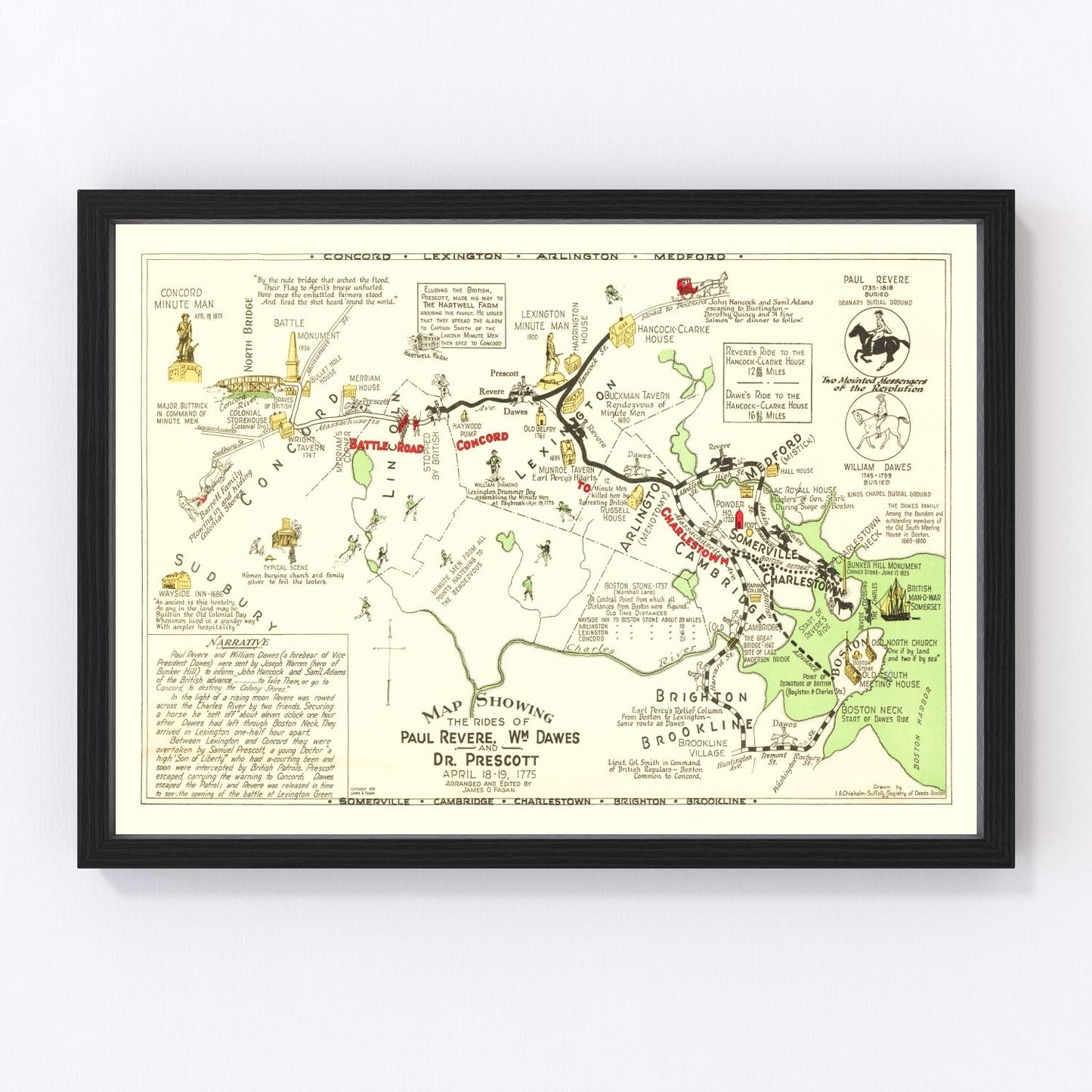 Vintage Map of Rides of Paul Revere, 1929