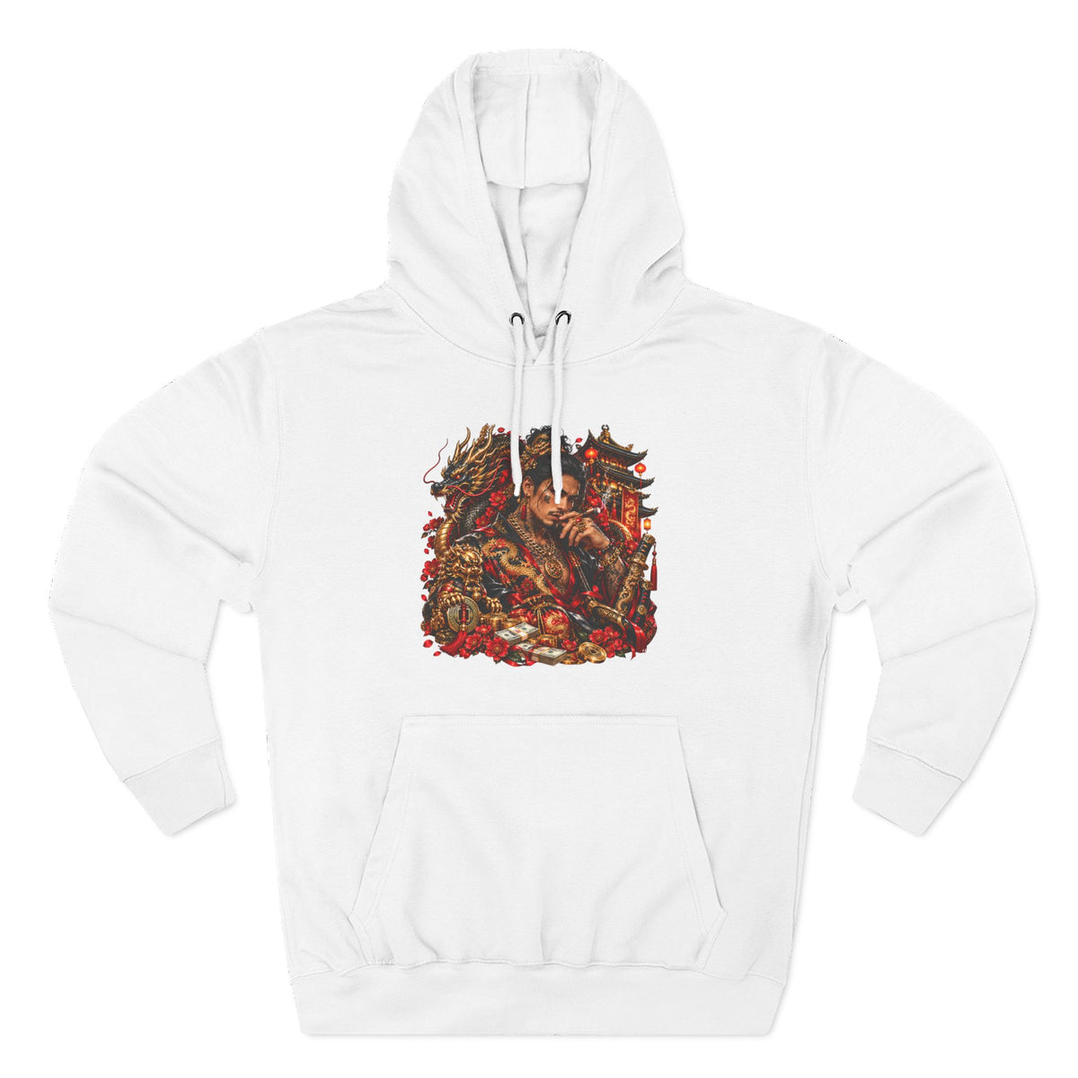 Dragon Battle Hoodie — Three-Panel Fleece Hooded Sweatshirt with Fiery Fantasy Artwork