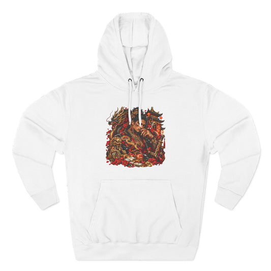 Dragon Battle Hoodie — Three-Panel Fleece Hooded Sweatshirt with Fiery Fantasy Artwork