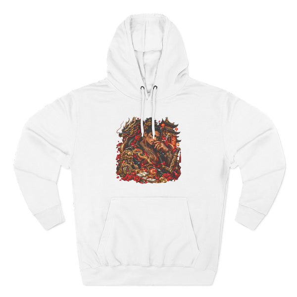Dragon Battle Hoodie — Three-Panel Fleece Hooded Sweatshirt with Fiery Fantasy Artwork