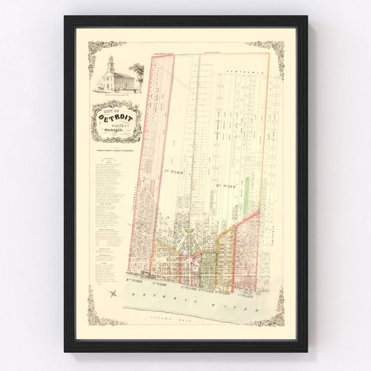 Vintage Map of Detroit, Michigan 1853