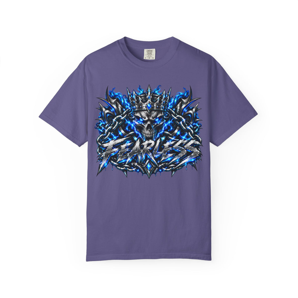 Skull Throne Graphic T-Shirt — Blue Lightning Heavy Metal Tee