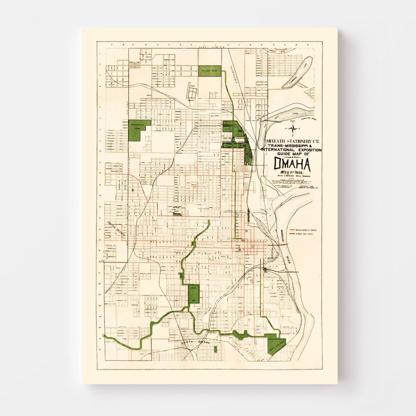 Vintage Map of Omaha, Nebraska 1898