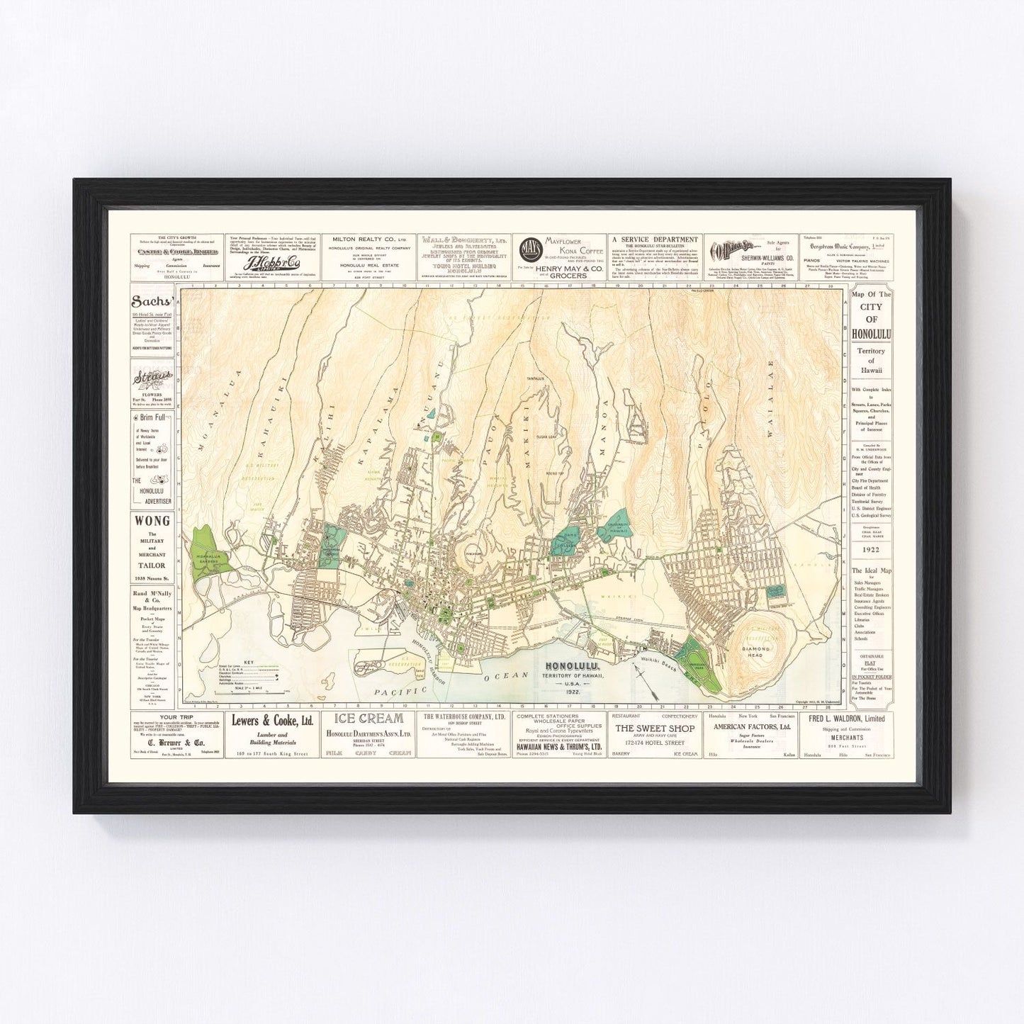 Vintage Map of Honolulu, Hawaii 1922