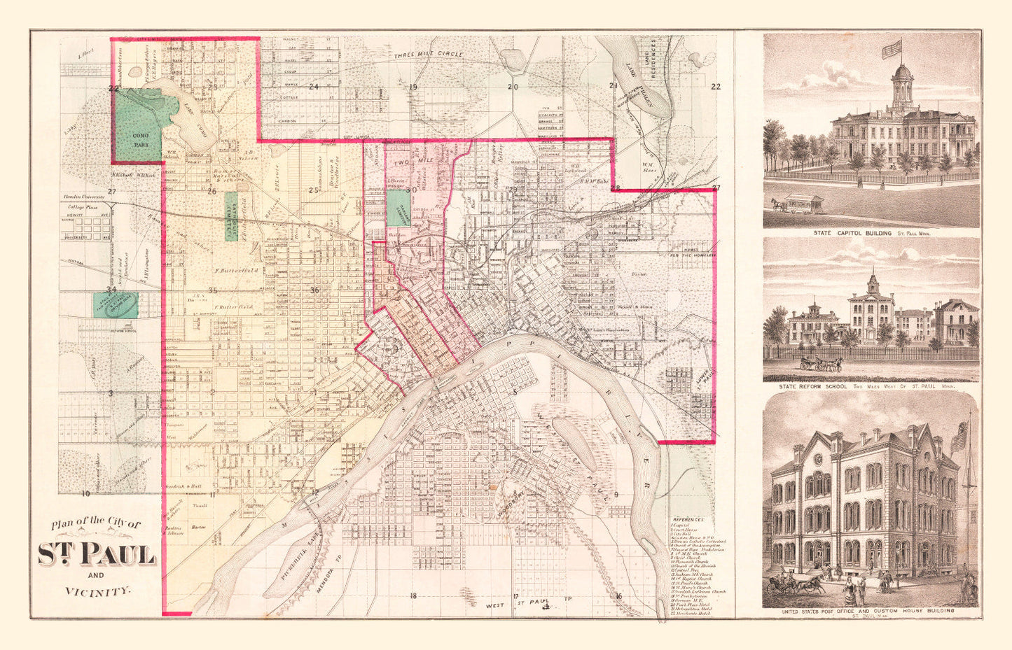 Vintage Map of St. Paul, Minnesota 1874