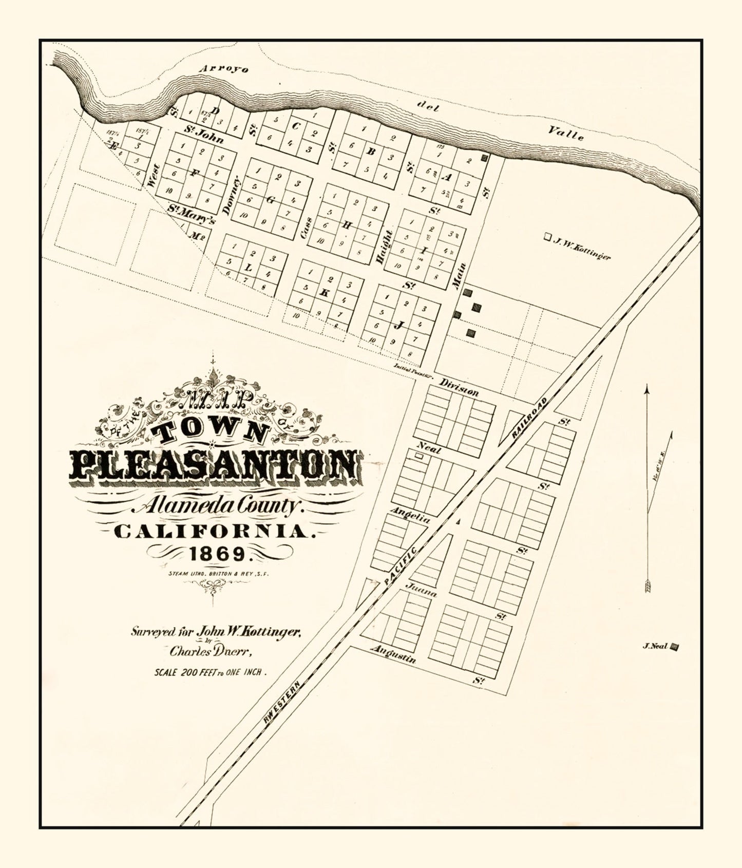 Vintage Map of Pleasanton, California 1869
