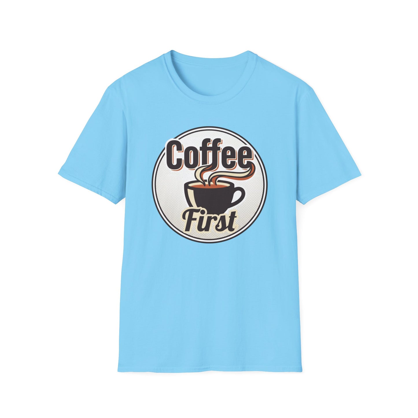 Coffee First T-Shirt — Retro Coffee Cup Graphic Tee for Coffee Lovers