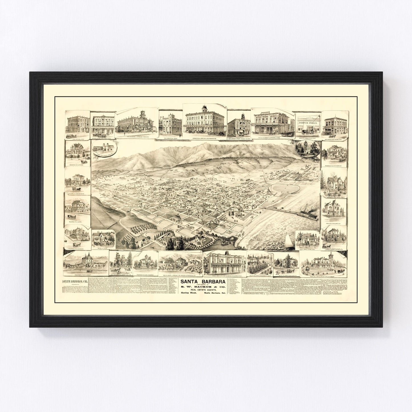 Vintage Map of Santa Barbara, California 1877