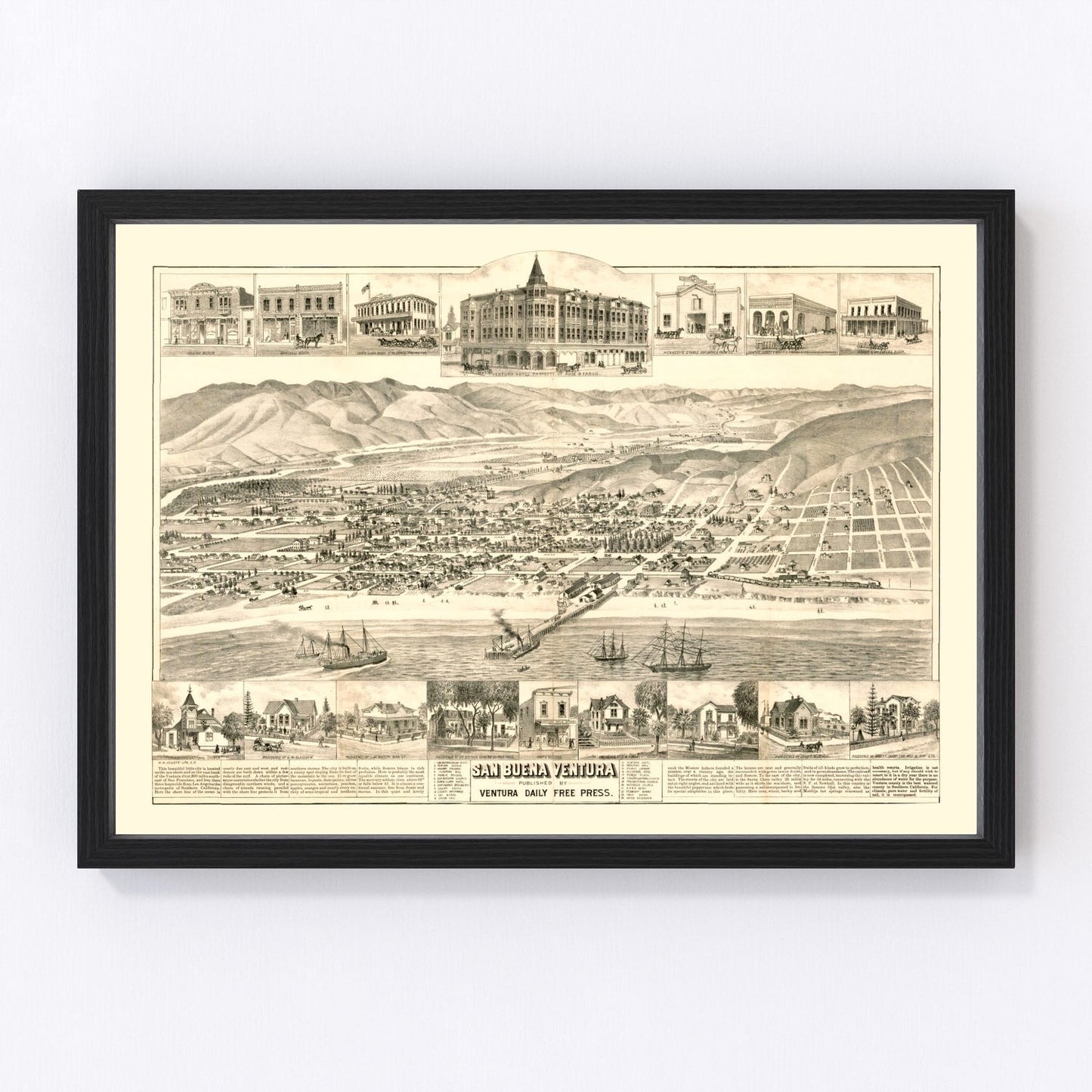 Vintage Map of San Buena Ventura, California 1884