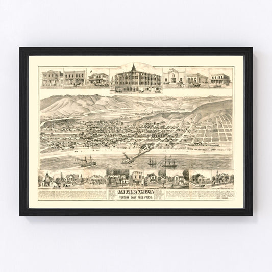Vintage Map of San Buena Ventura, California 1884
