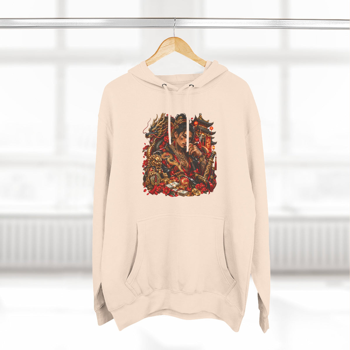Dragon Battle Hoodie — Three-Panel Fleece Hooded Sweatshirt with Fiery Fantasy Artwork