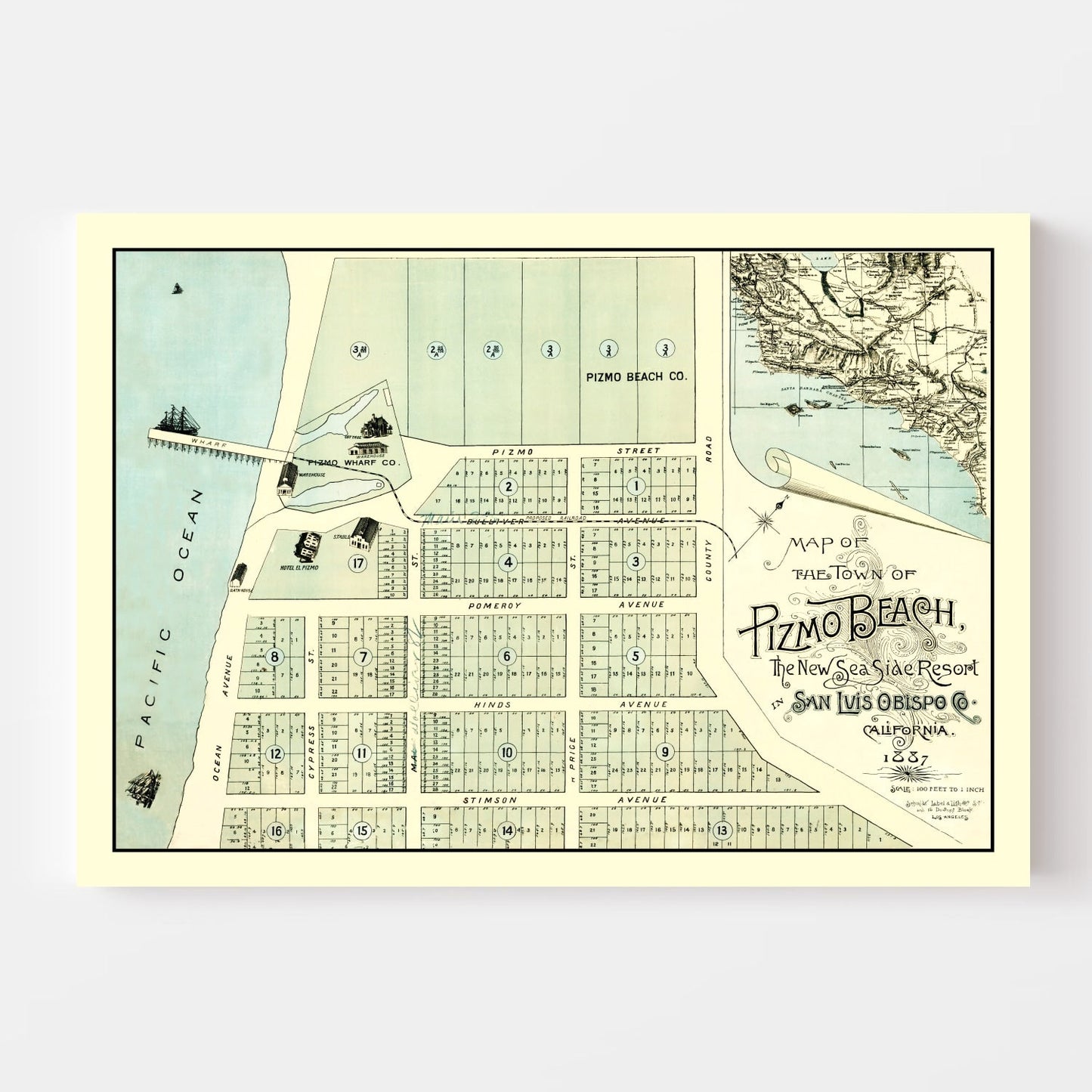 Vintage Map of Pizmo Beach, California 1887