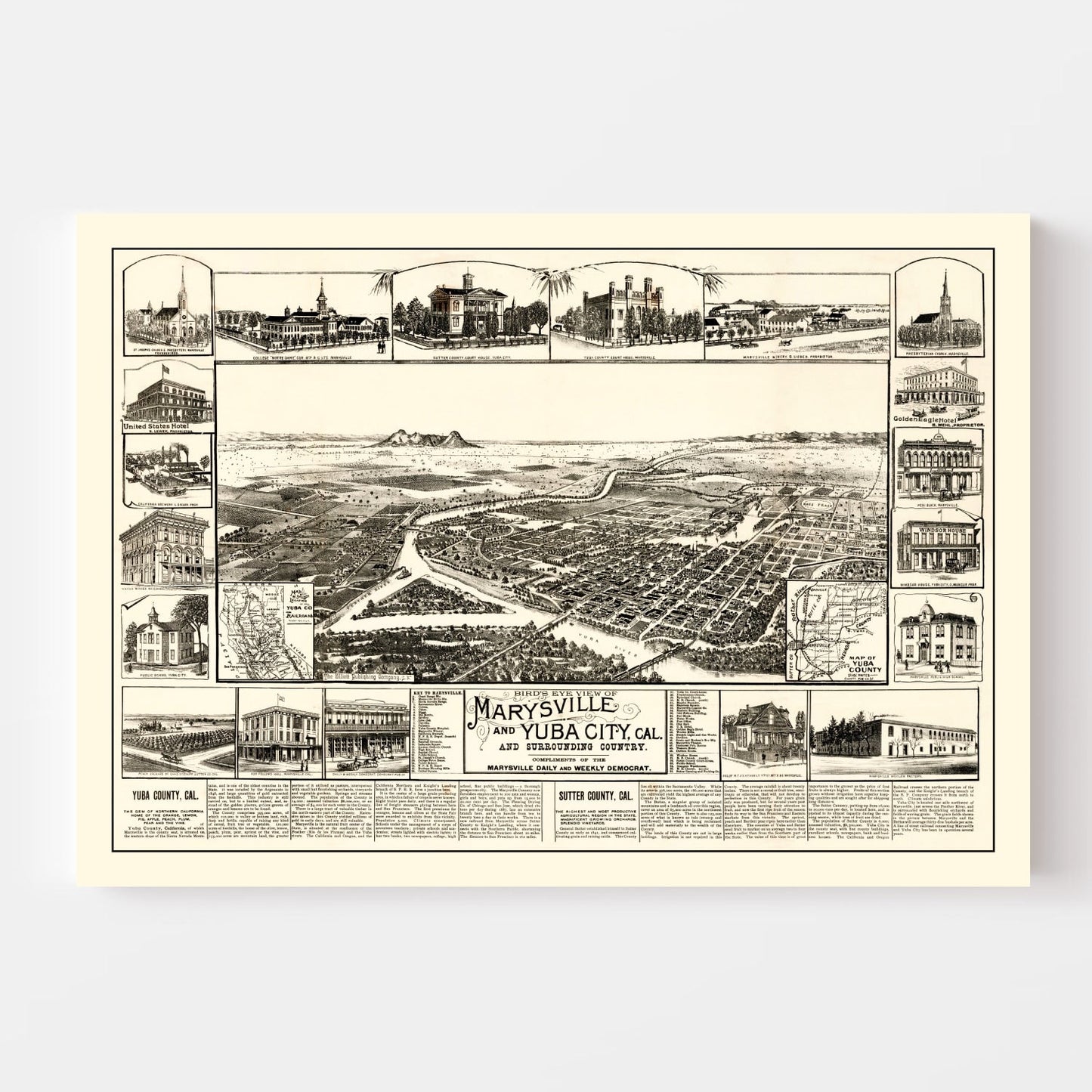 Vintage Map of Marysville & Yuba City, California 1888