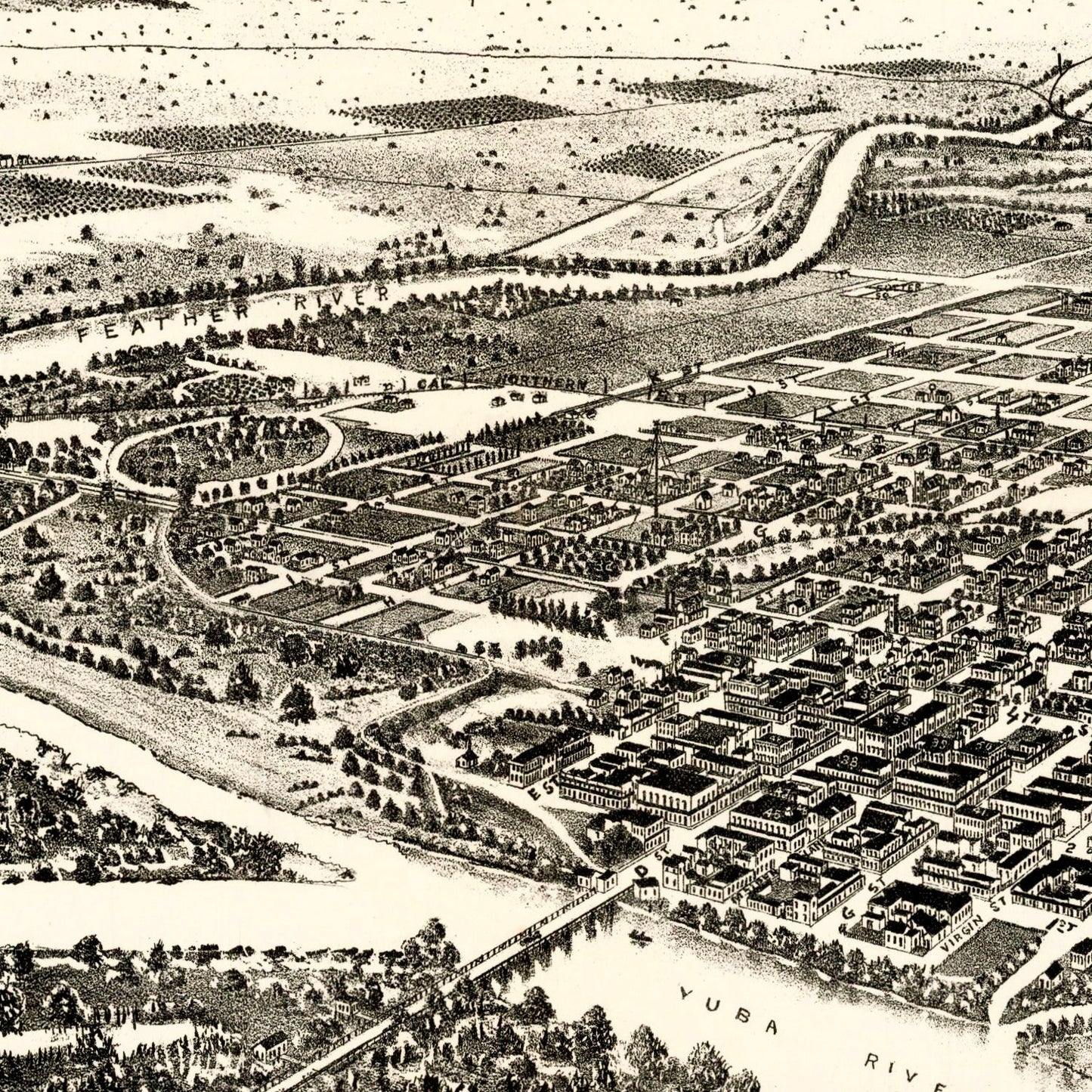 Vintage Map of Marysville & Yuba City, California 1888