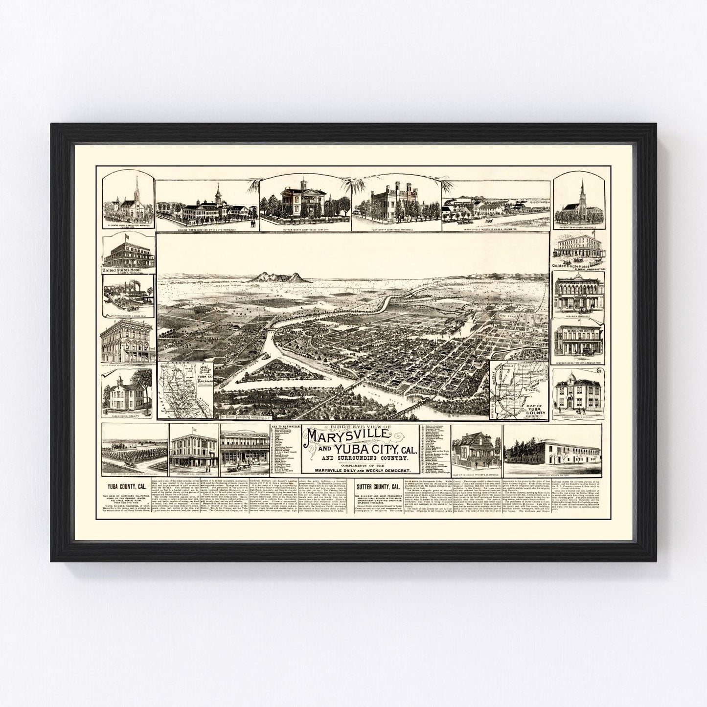 Vintage Map of Marysville & Yuba City, California 1888