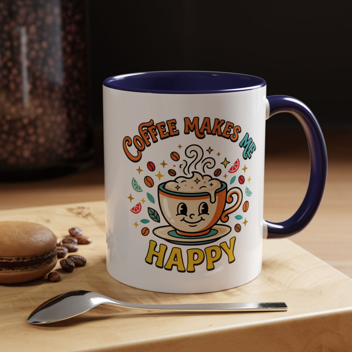 Coffee Mug — "Coffee Makes Me Happy" Cute Retro Accent Mug (11/15oz)