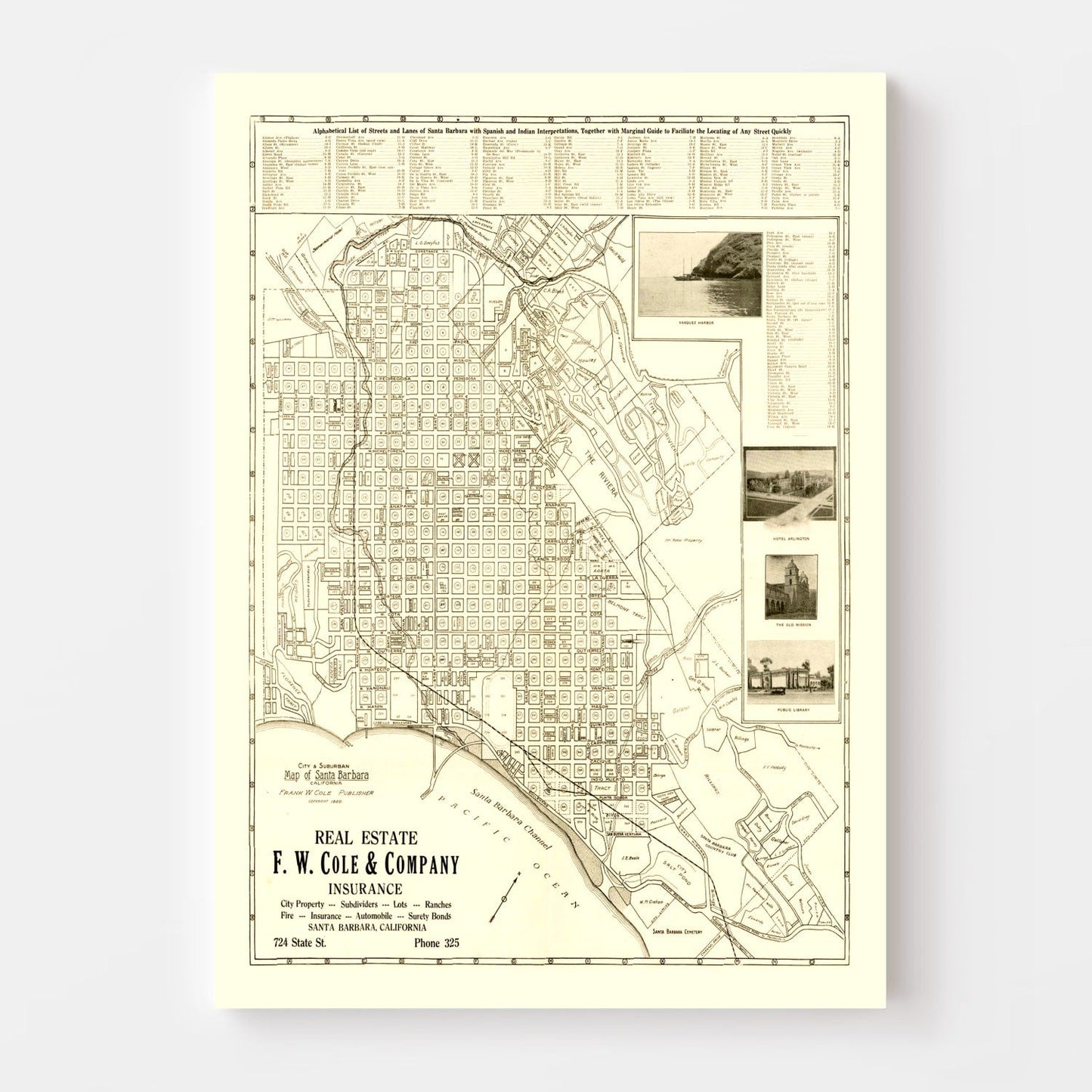 Vintage Map of Santa Barbara, California 1920