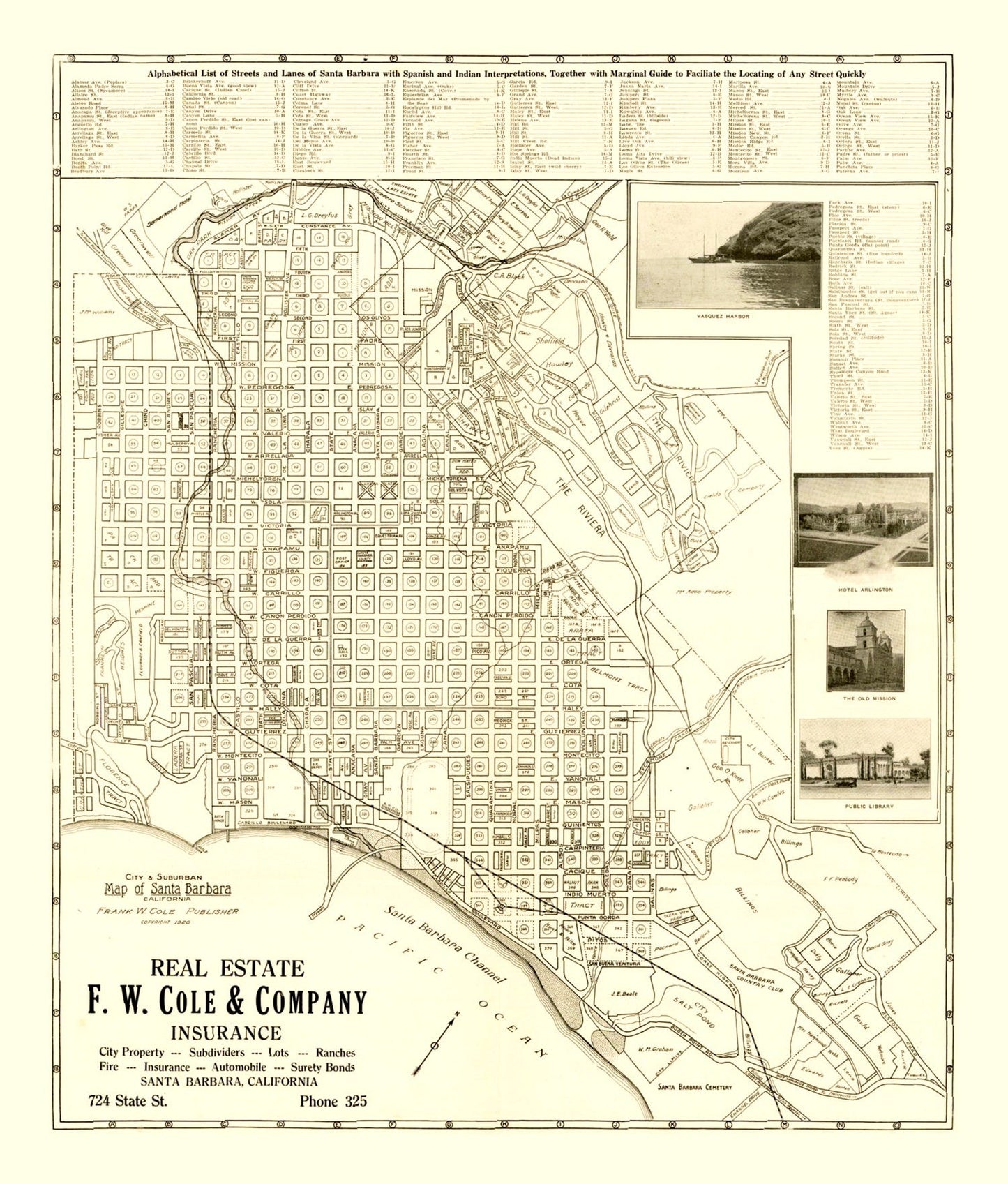 Vintage Map of Santa Barbara, California 1920