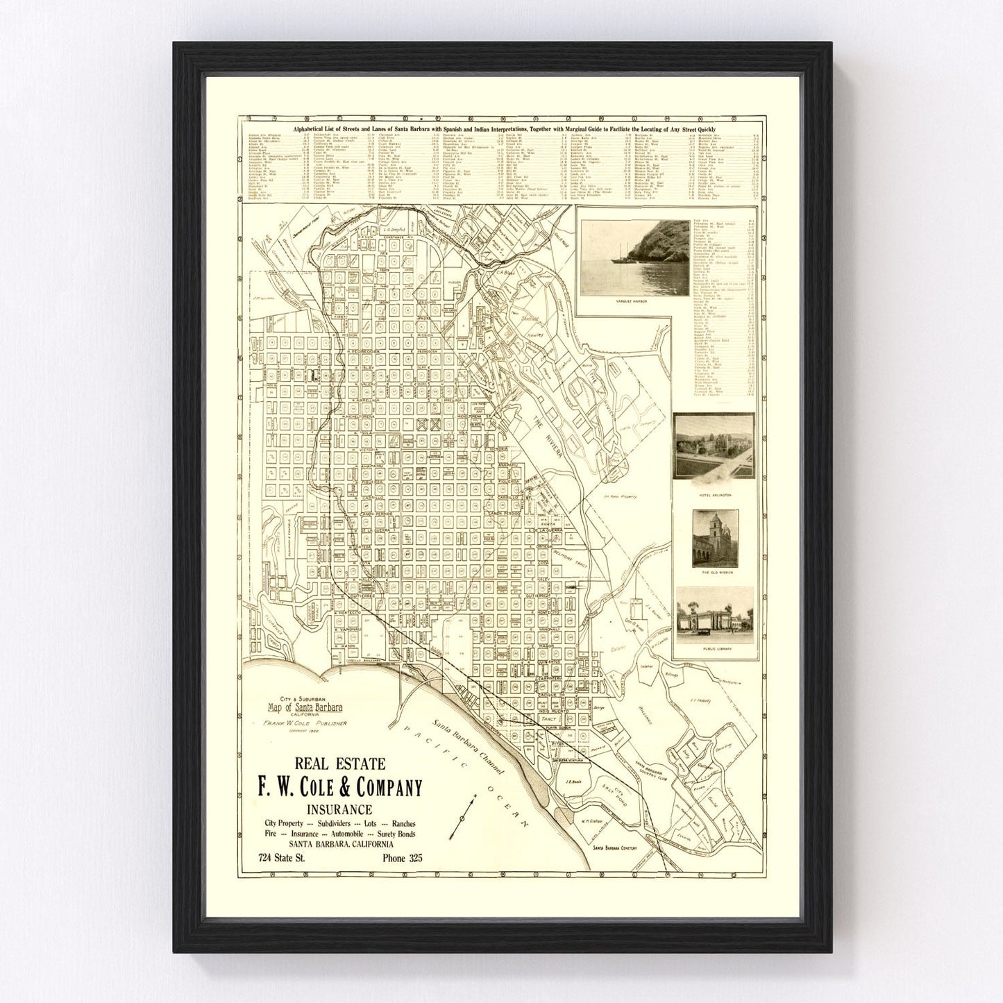 Vintage Map of Santa Barbara, California 1920