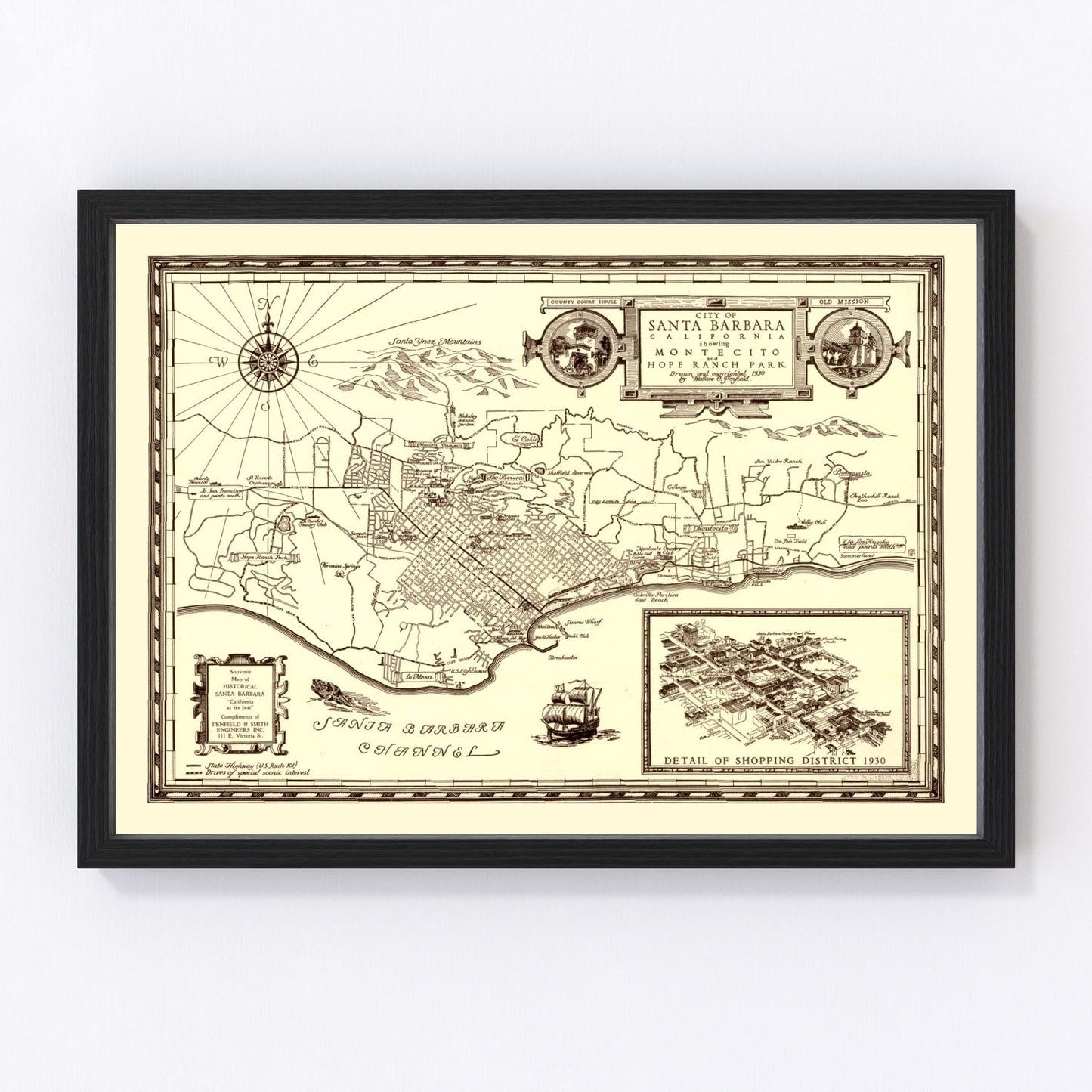 Vintage Map of Santa Barbara, California 1930