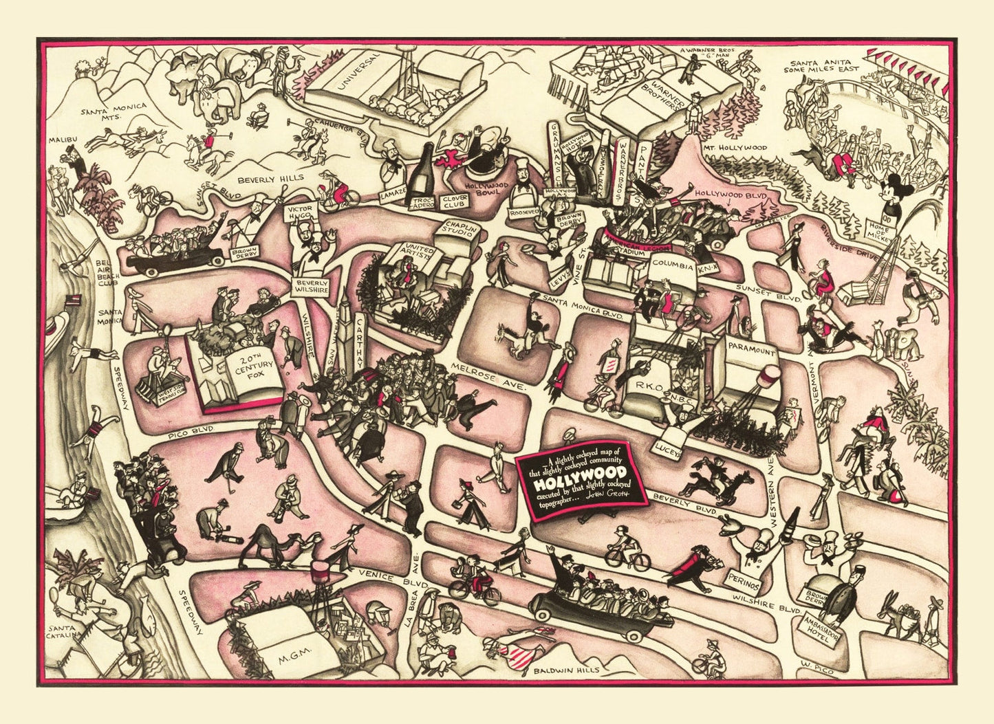 Vintage Map of Hollywood, California 1937