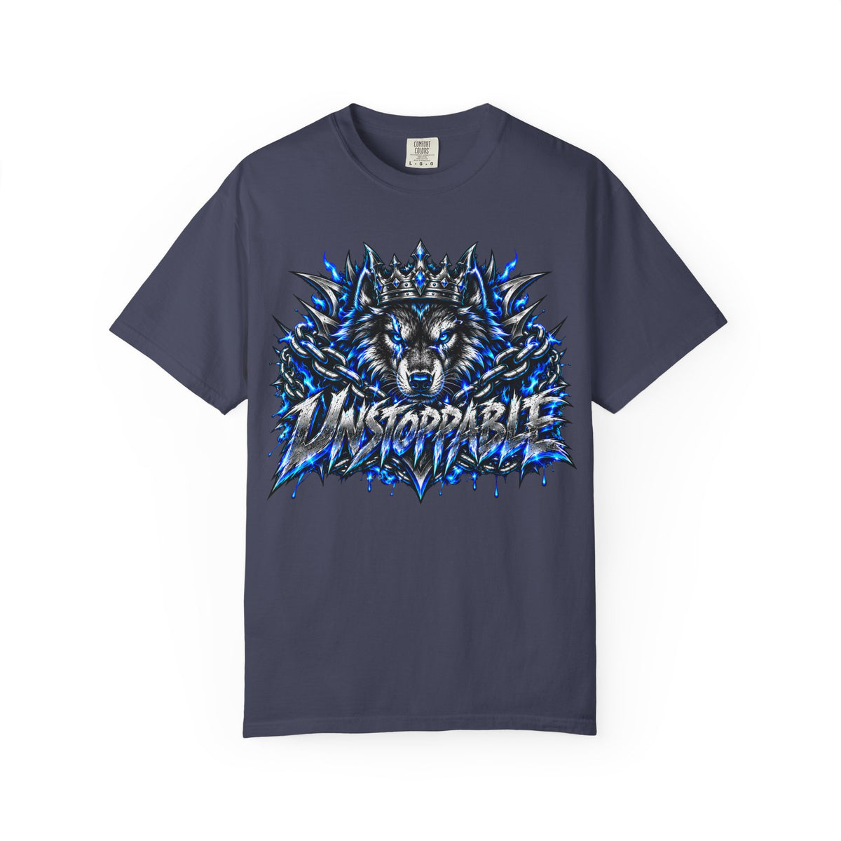 Wolf 'Unstoppable' Graphic Tee — Bold Blue Crowned Wolf Shirt