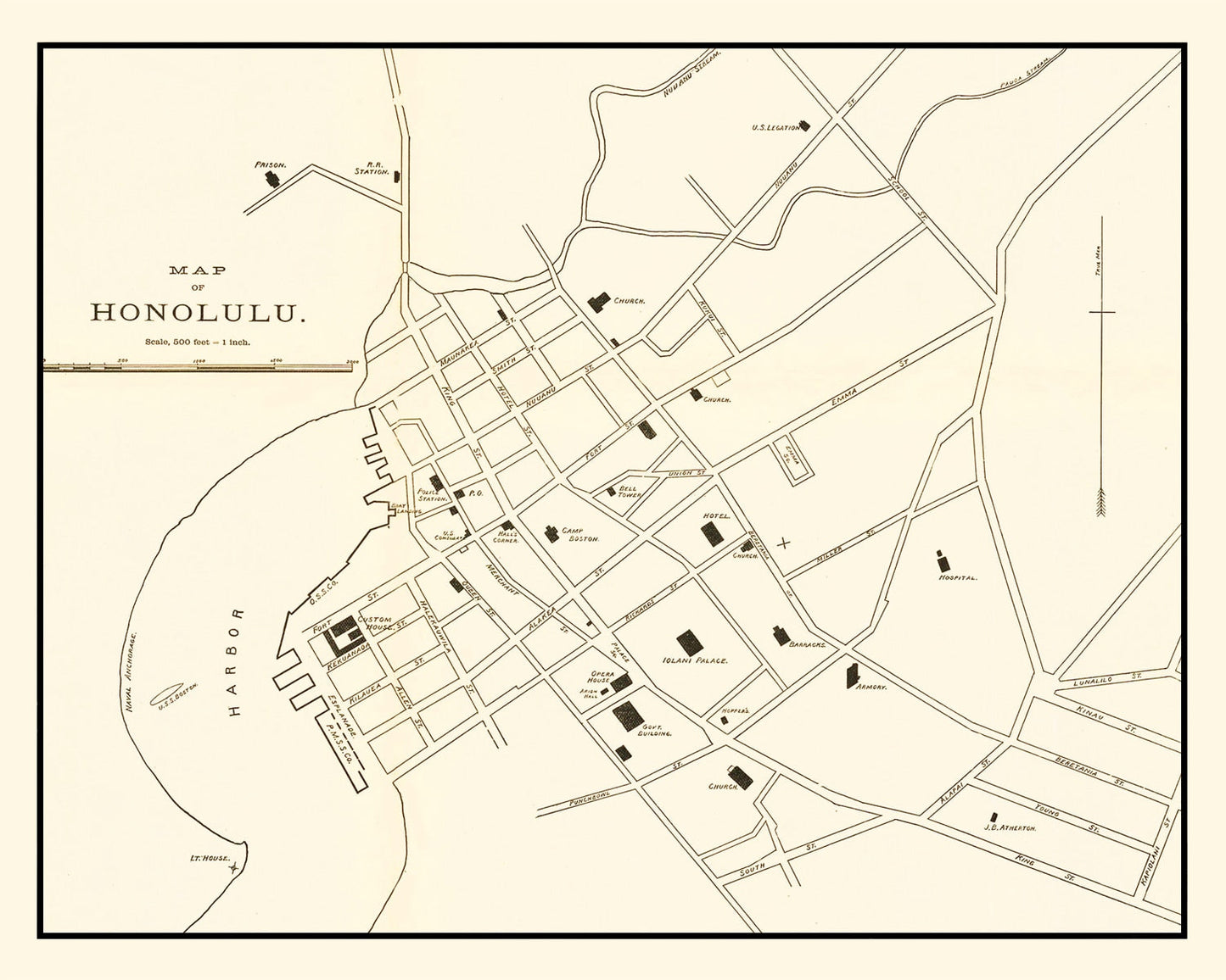 Vintage Map of Honolulu, Hawaii 1893