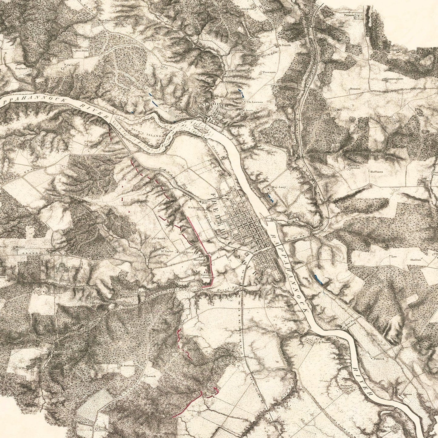 Vintage Map of Fredericksburg, 1867