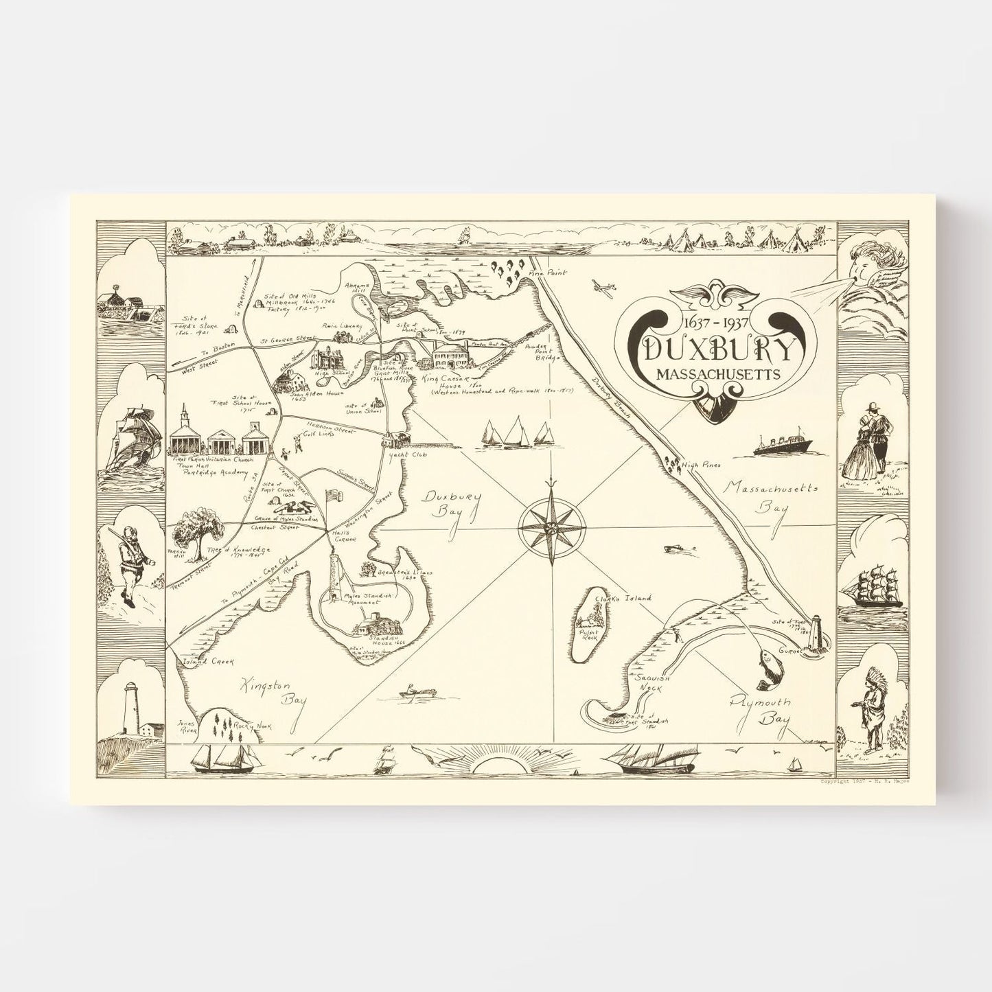 Vintage Map of Duxbury, Massachusetts 1937