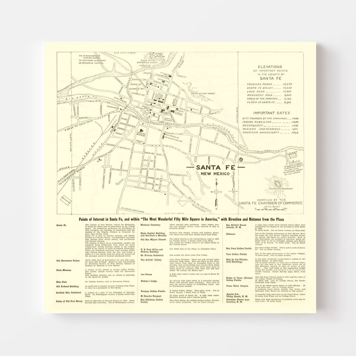 Vintage Map of Santa Fe, New Mexico 1925