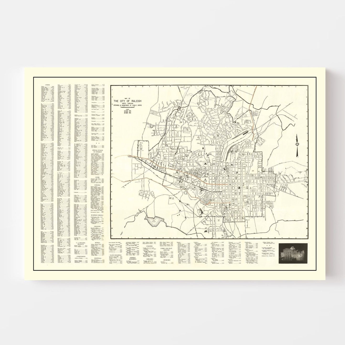 Vintage Map of Raleigh, North Carolina 1948