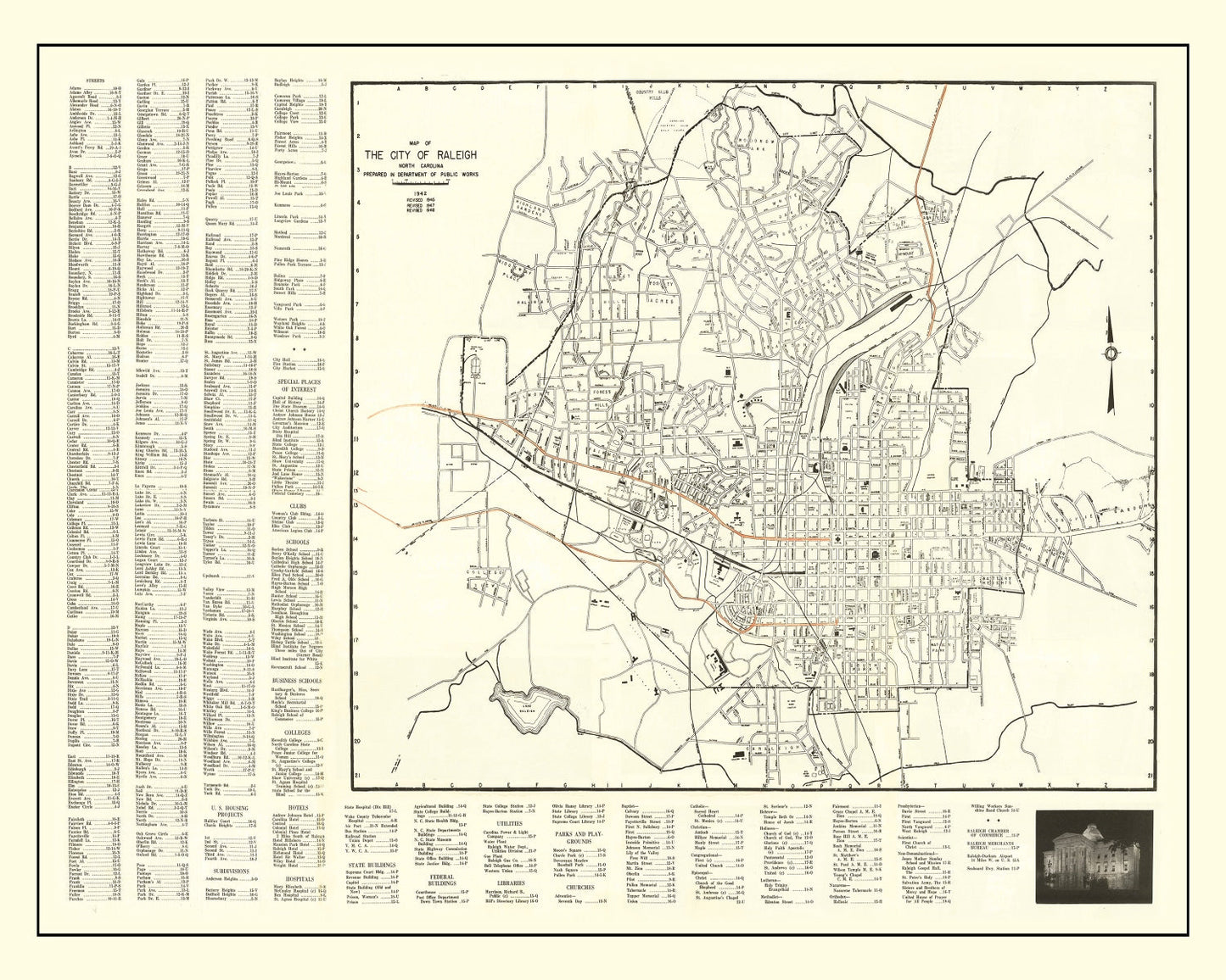 Vintage Map of Raleigh, North Carolina 1948