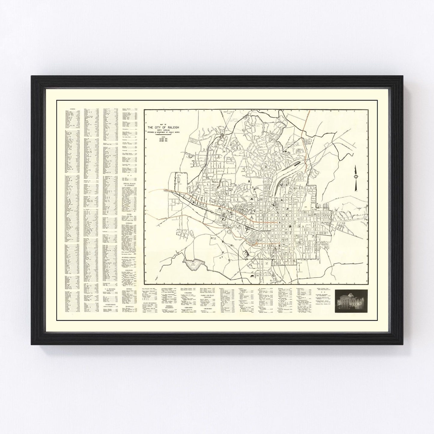 Vintage Map of Raleigh, North Carolina 1948