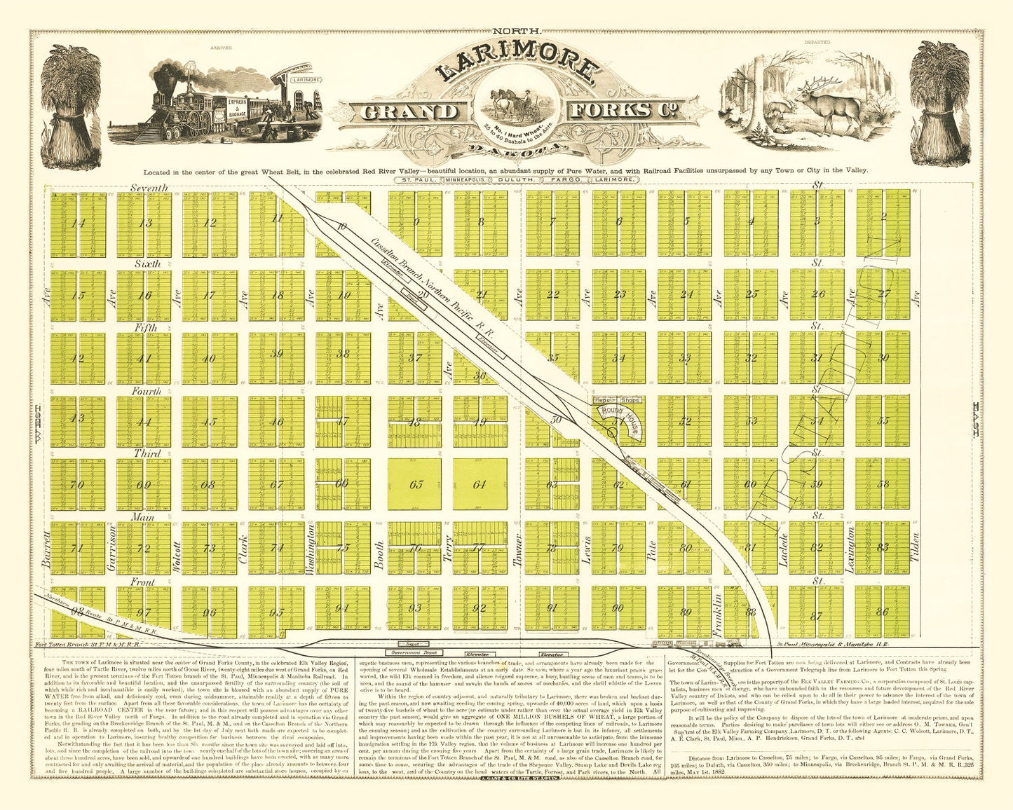 Vintage Map of Grand Forks, North Dakota 1882