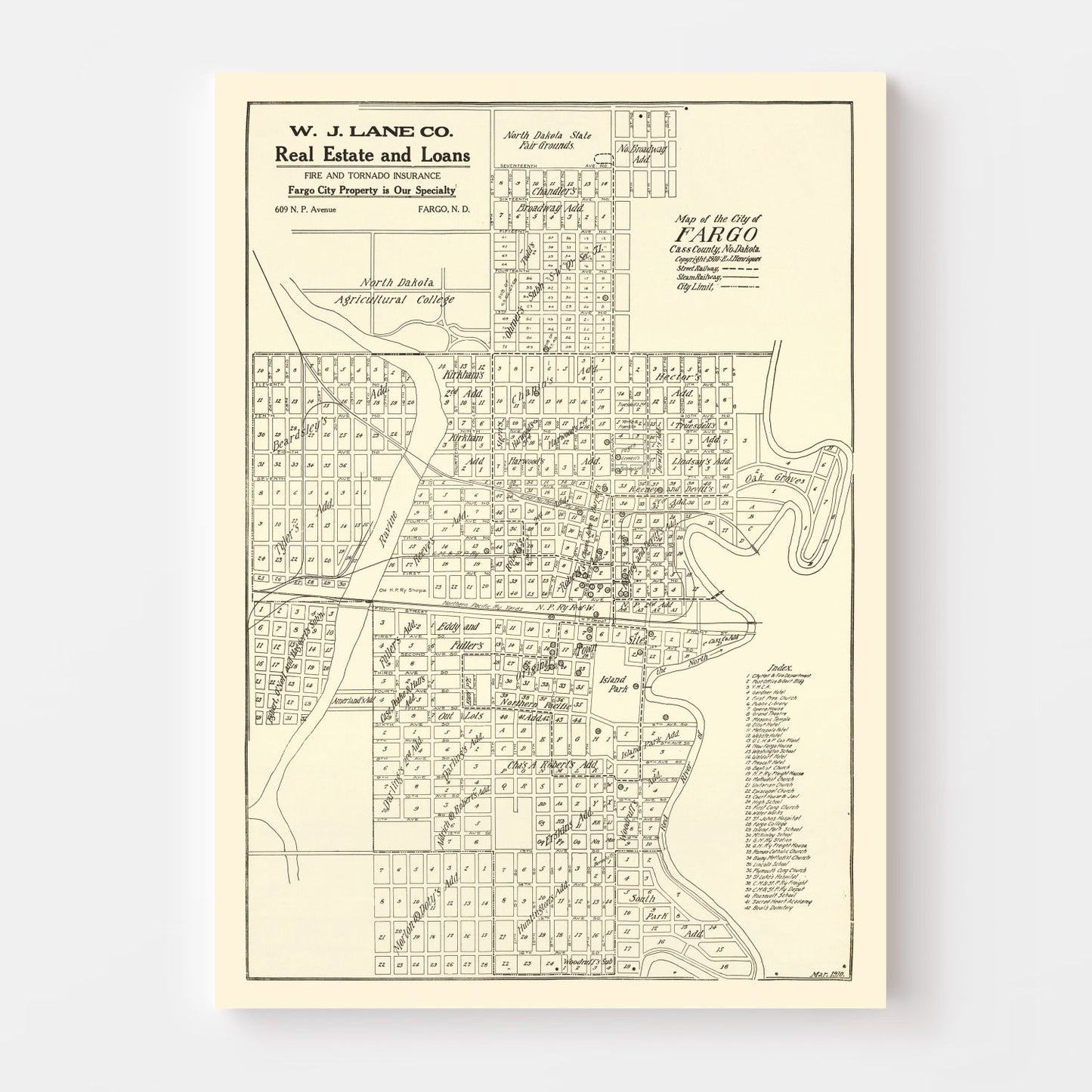 Vintage Map of Fargo, North Dakota 1910