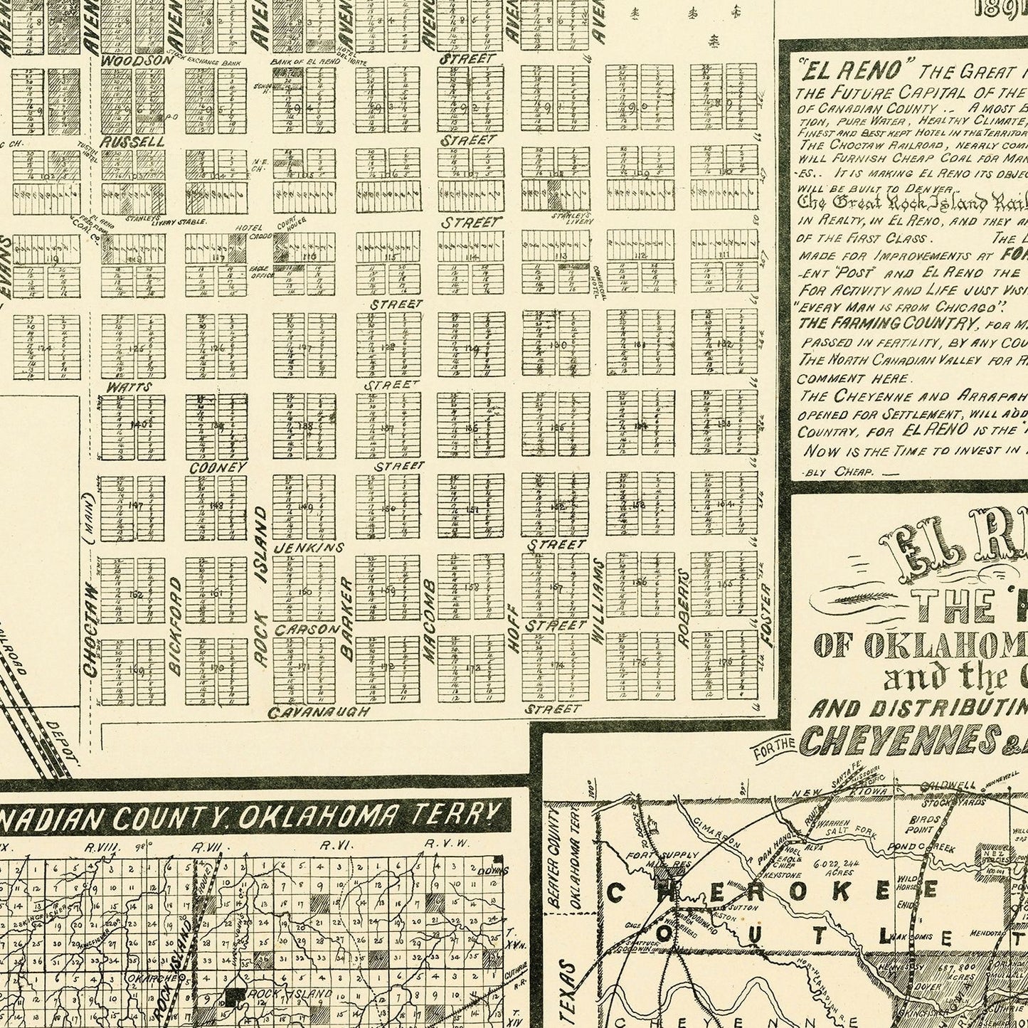 Vintage Map of El Reno, Oklahoma 1891
