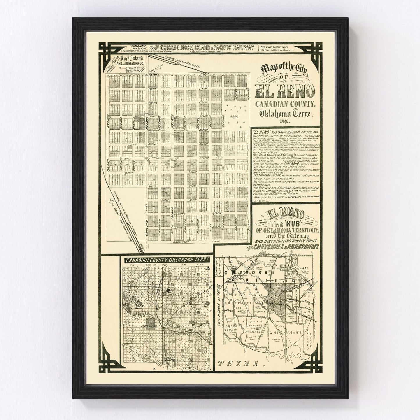 Vintage Map of El Reno, Oklahoma 1891