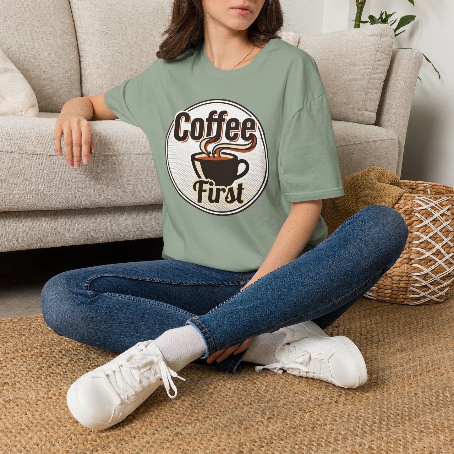 Coffee First T-Shirt — Retro Coffee Cup Graphic Tee for Coffee Lovers