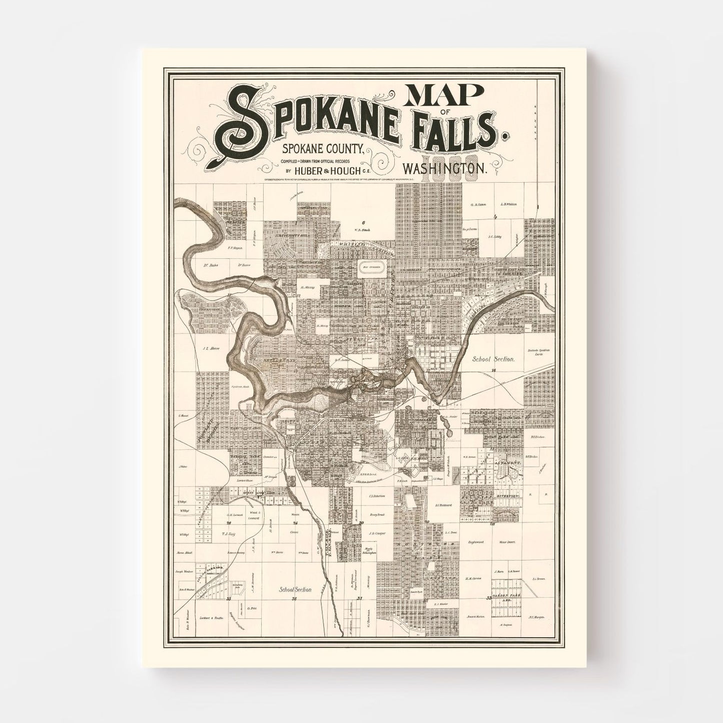 Vintage Map of Spokane Falls, Washington 1889