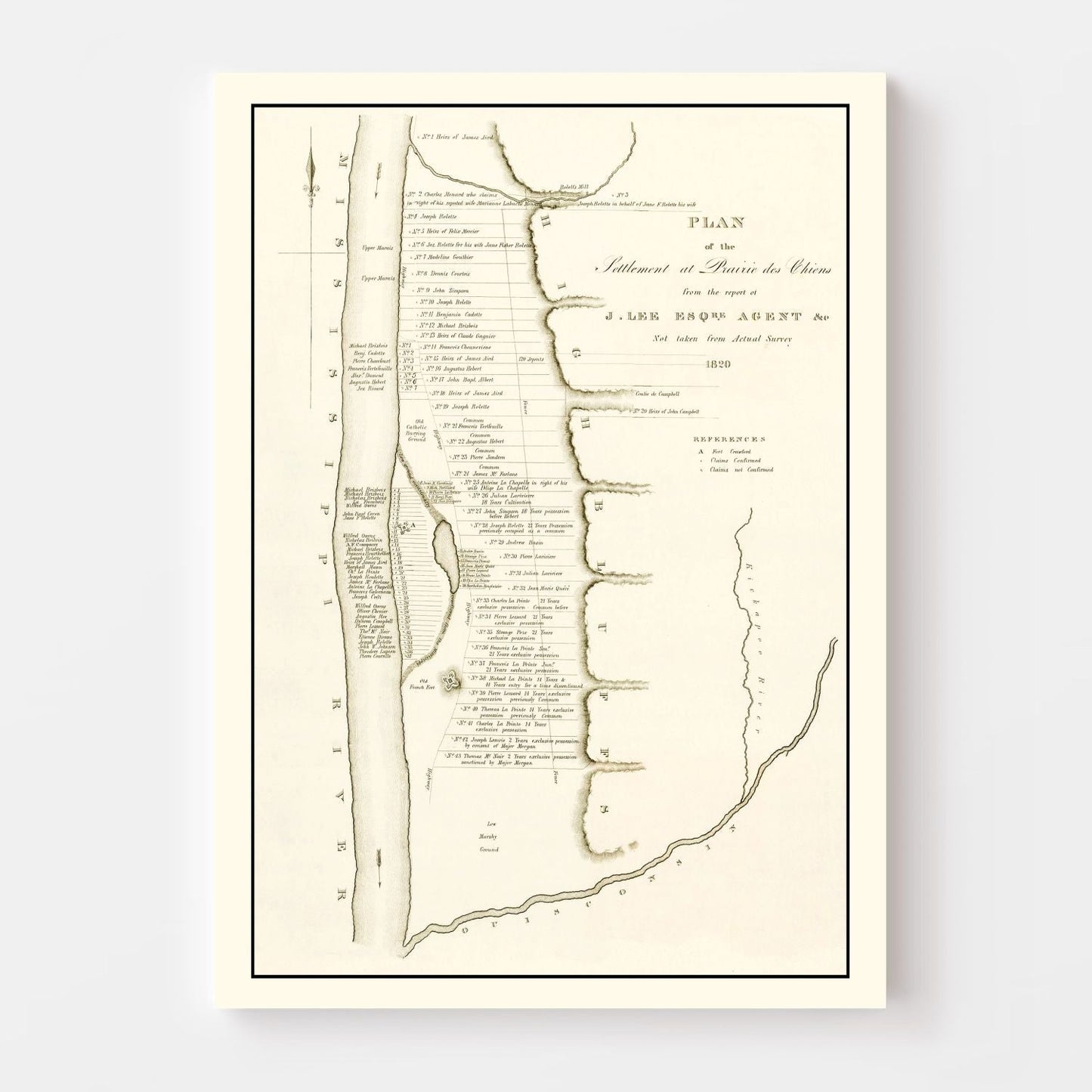 Vintage Map of Prairie des Chiens, Wisconsin 1834